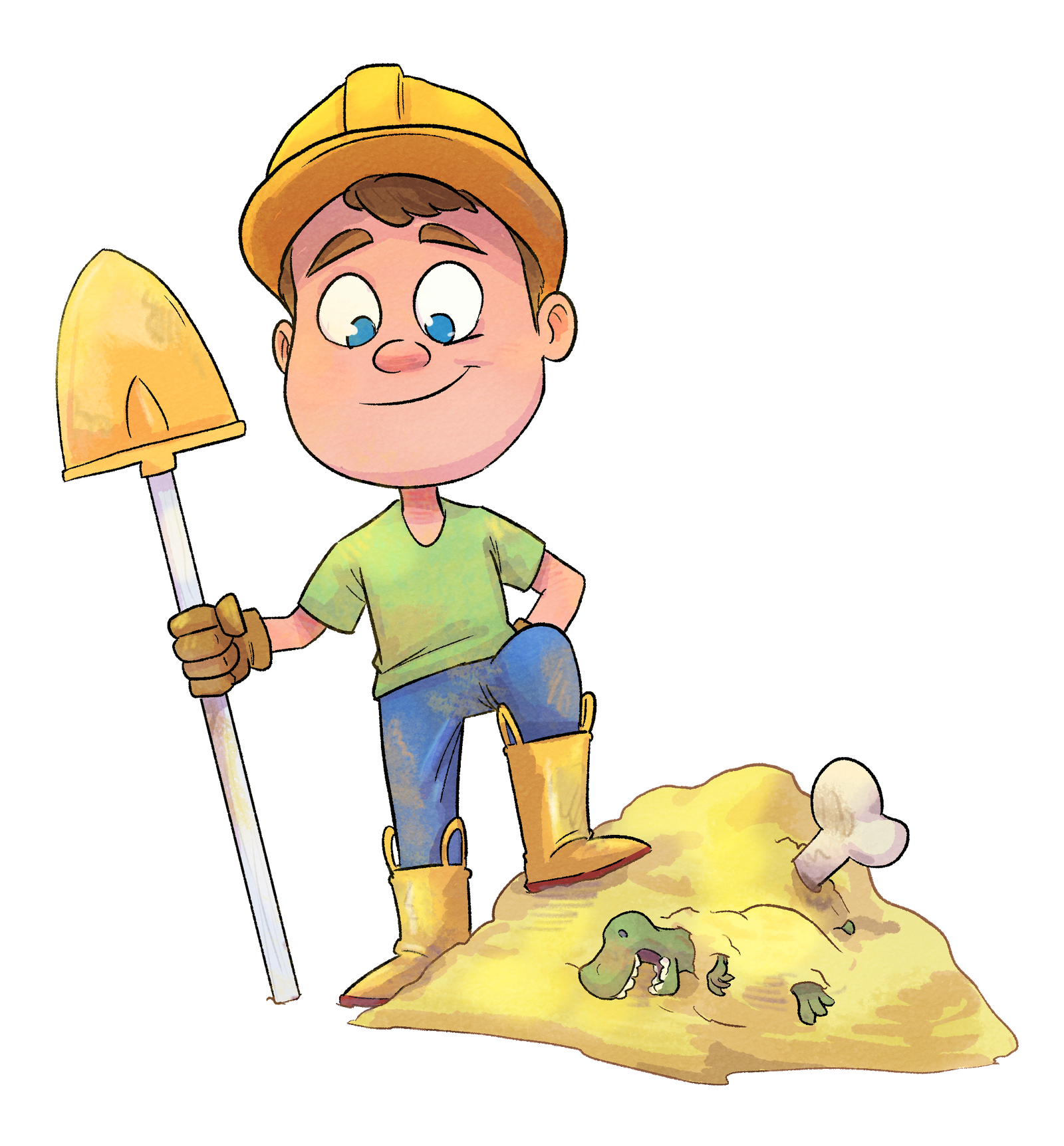 Gavin in a yellow hard hat and boots, holding a shovel beside a mound of dirt.
