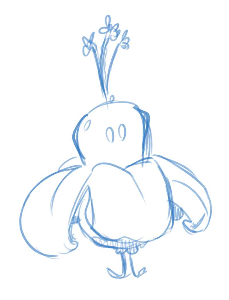 Blue sketch of a rounded flower figure with drooping petals, small eyes, and slender stems above its head.
