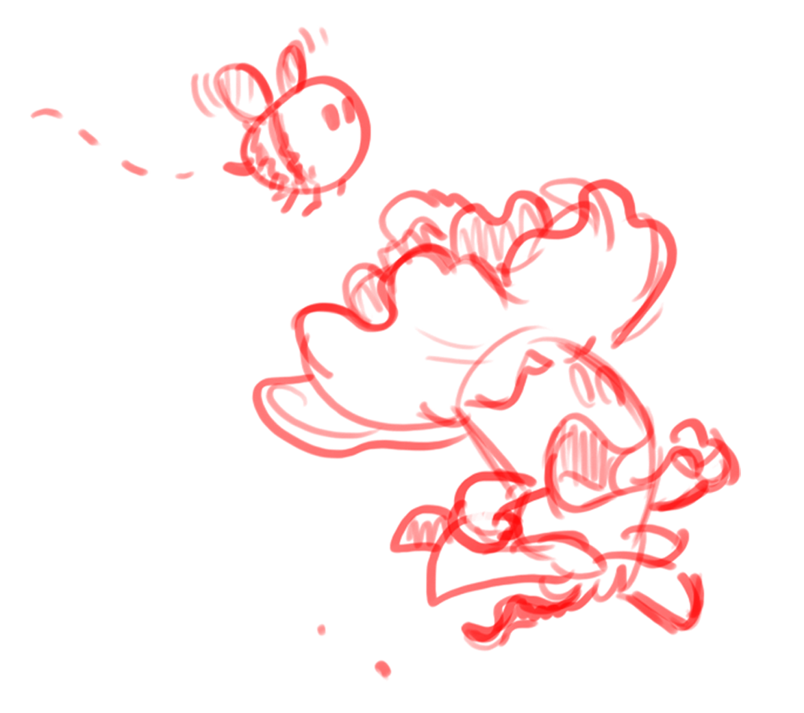 Red sketch of a running flower-headed figure beneath a small flying insect.