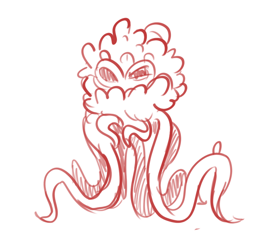 Red sketch of a leafy face above several curling vines.