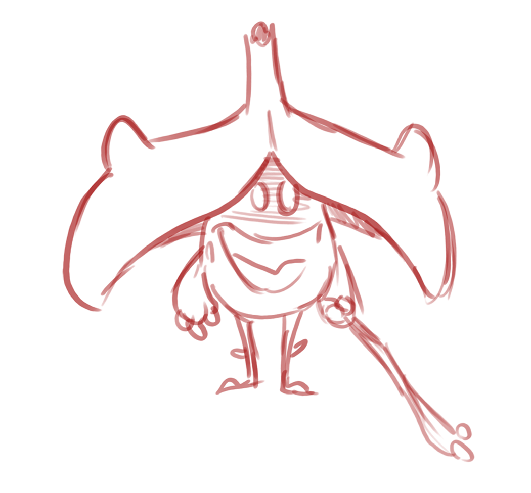 Red sketch of a smiling figure beneath broad curved leaves, holding a long thin object.