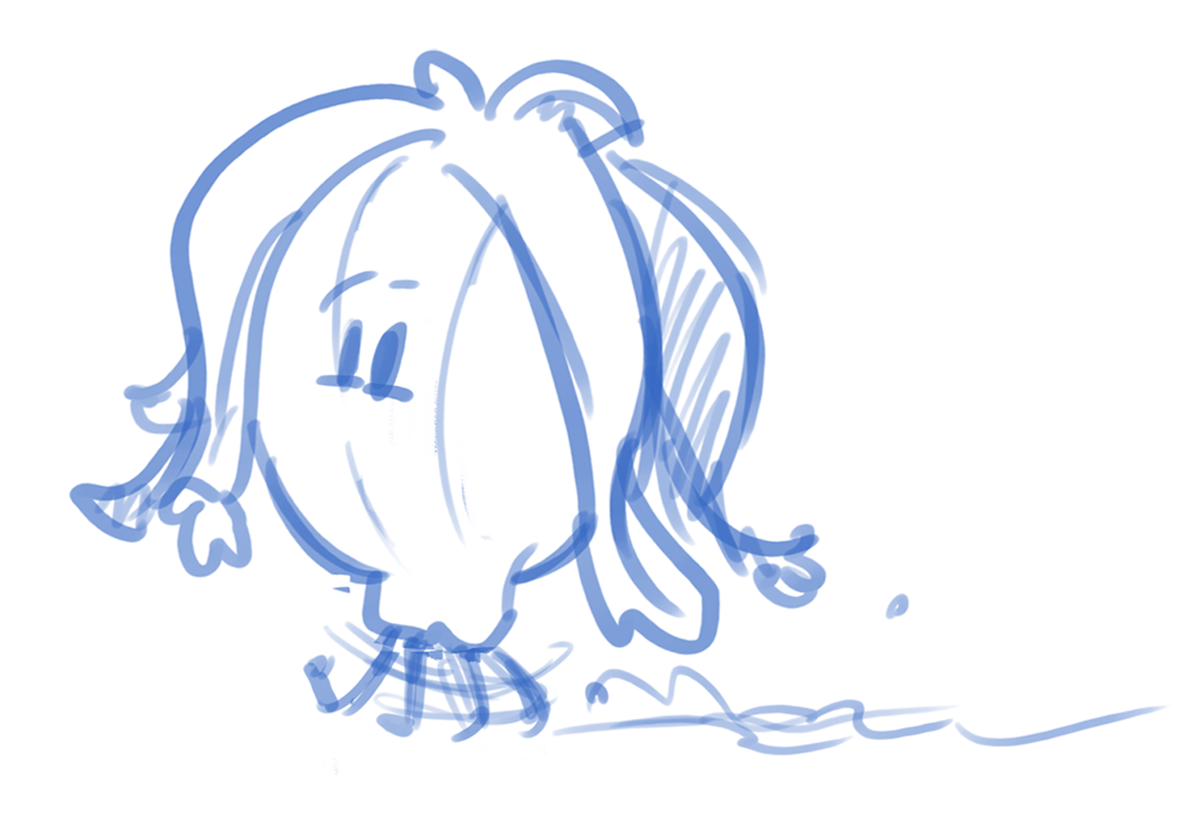 Blue sketch of a small figure with a long hanging cap and short legs.