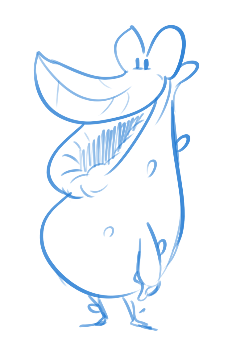 Blue sketch of a tall rounded figure with a wide open pitcher-shaped mouth and short legs.