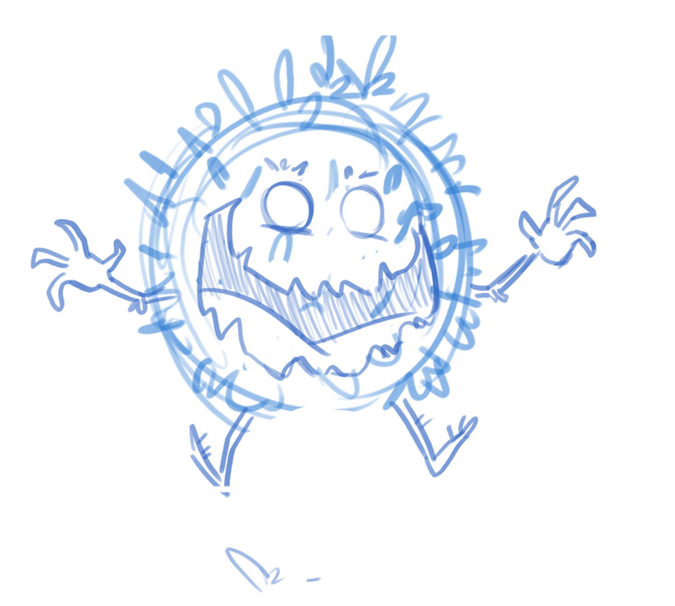 Blue sketch of a round spiky figure with outstretched arms, thin legs, and an open mouth.