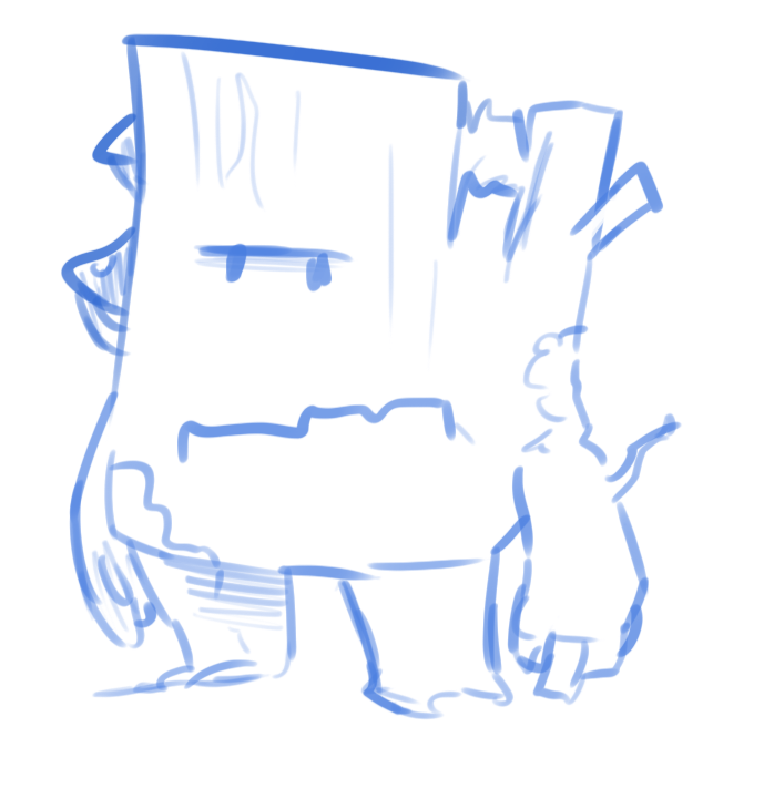 Blue sketch of a stump-shaped figure with arms, short legs, and small eyes.